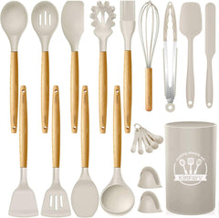 Silicone Cooking Utensils Kitchen Utensil Set, 21 PCS Wooden Handle Nontoxic BPA Free Silicone Spoon Spatula Turner Tongs Kitchen Gadgets Utensil Set for Nonstick Cookware with Holder (Khaki)